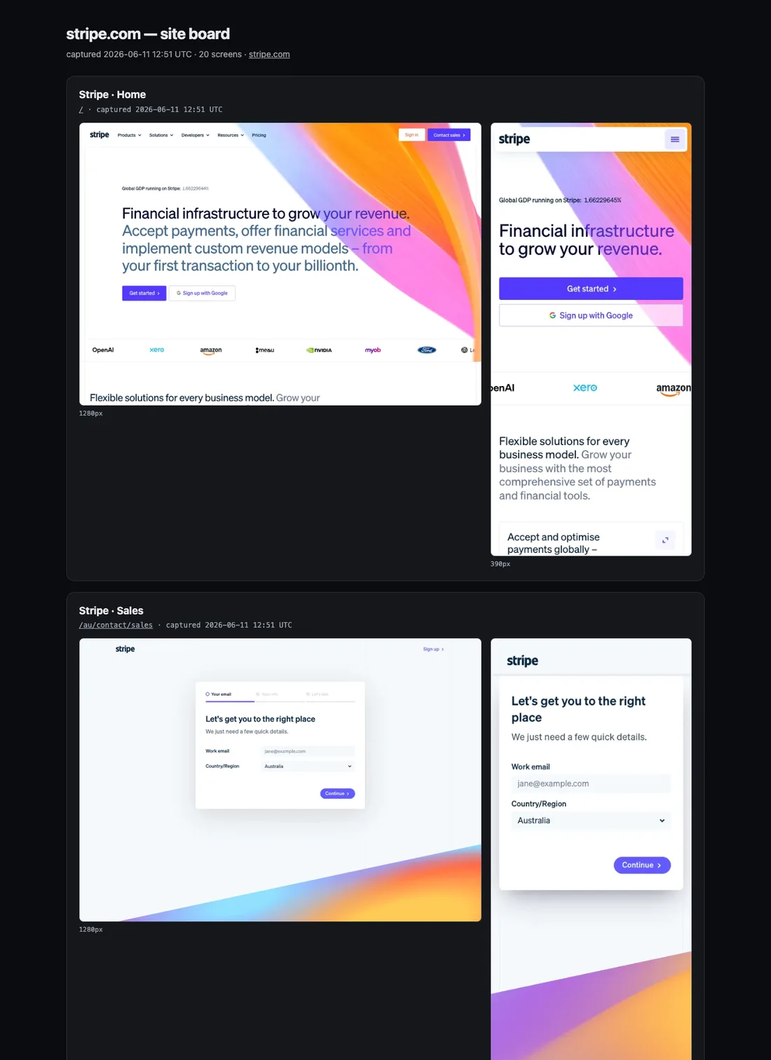 A real Drafty site board of stripe.com: labeled screens, each a desktop and phone capture, with the live URL and capture time under every frame