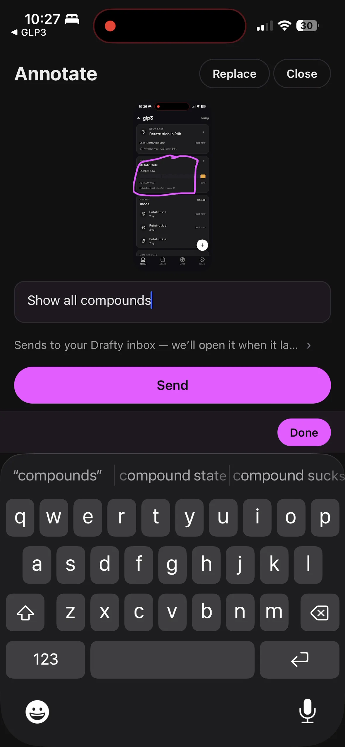The Drafty Annotate screen on iPhone: a glp3 screenshot with a magenta loop around the compounds list and the note 'Show all compounds', ready to send.