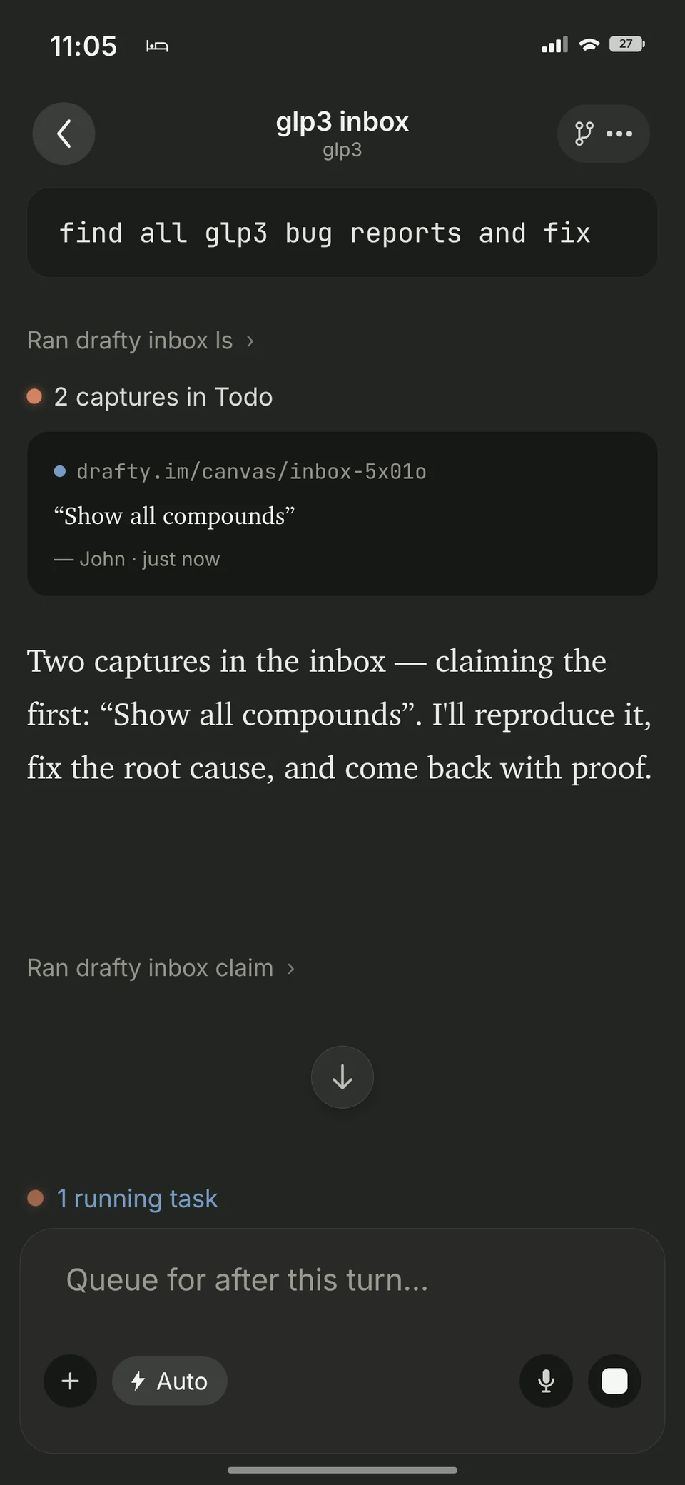 Claude Code on iPhone watching the glp3 inbox: a new 'Show all compounds' capture lands and the agent claims it — reproducing, fixing the root cause, and coming back with proof.