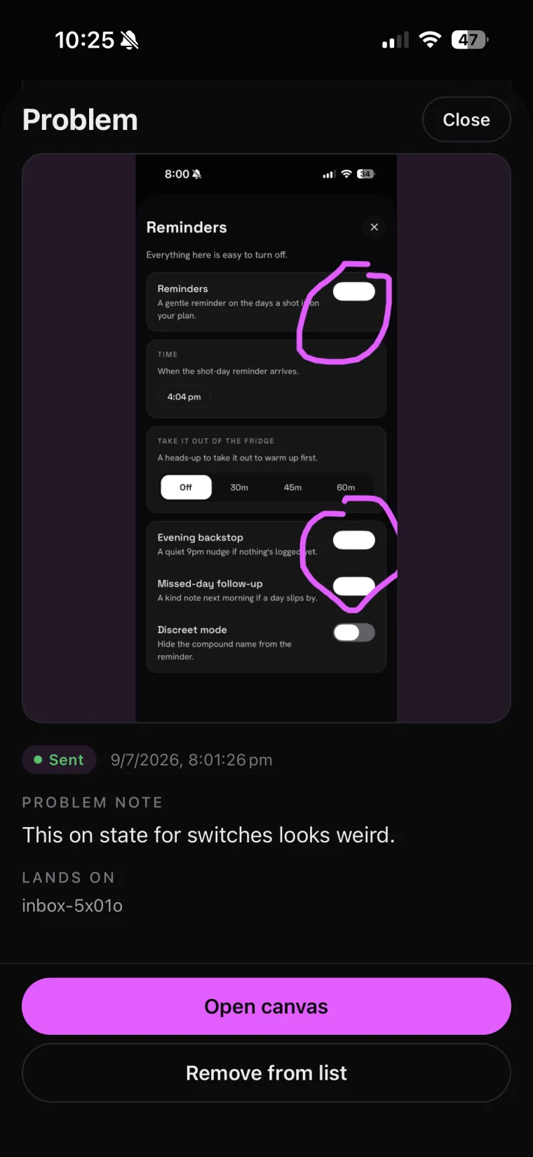 glp3 Reminders settings in Drafty — circles on the toggle pills, with the note: this on state for switches looks weird.