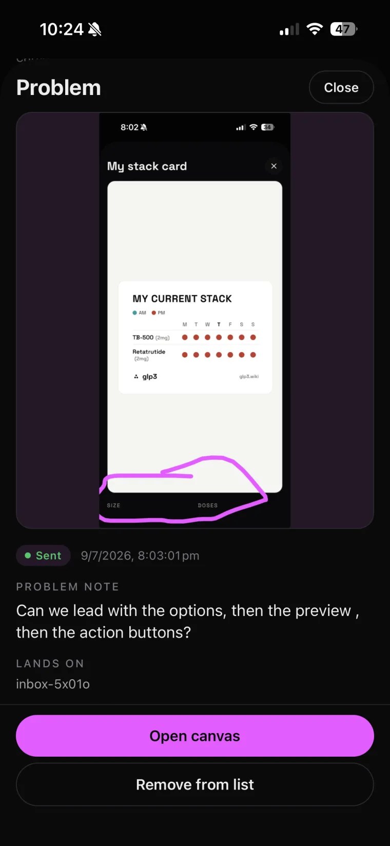 glp3 stack card in Drafty — a magenta loop around the SIZE and DOSES tabs, with the note: can we lead with the options, then the preview, then the action buttons?