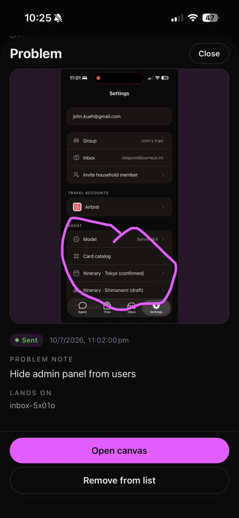 Journeys settings in Drafty — a loop around the agent panel, with the note: hide admin panel from users.