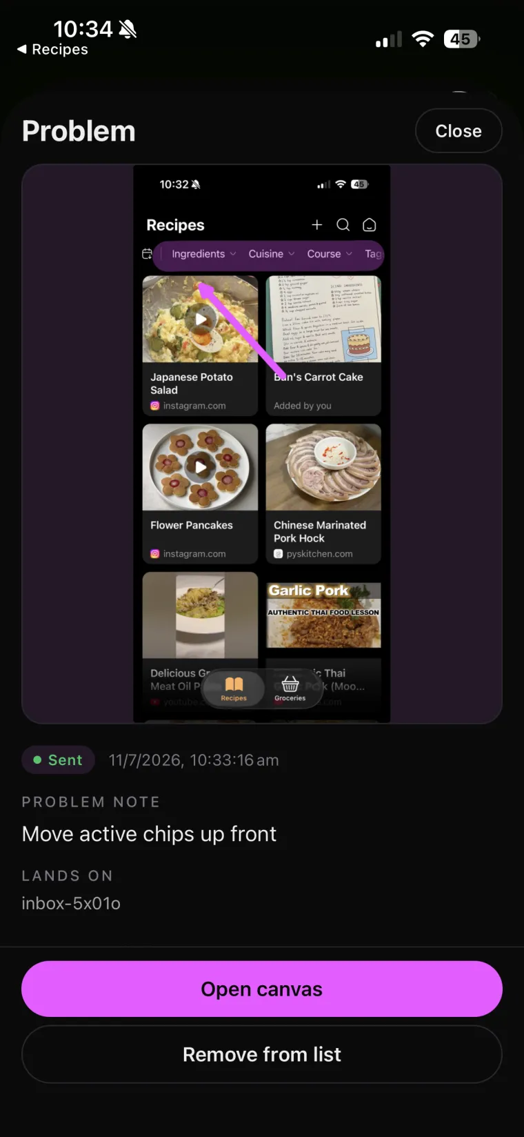 Recipes home grid in Drafty — an arrow at the filter chips, with the note: move active chips up front.