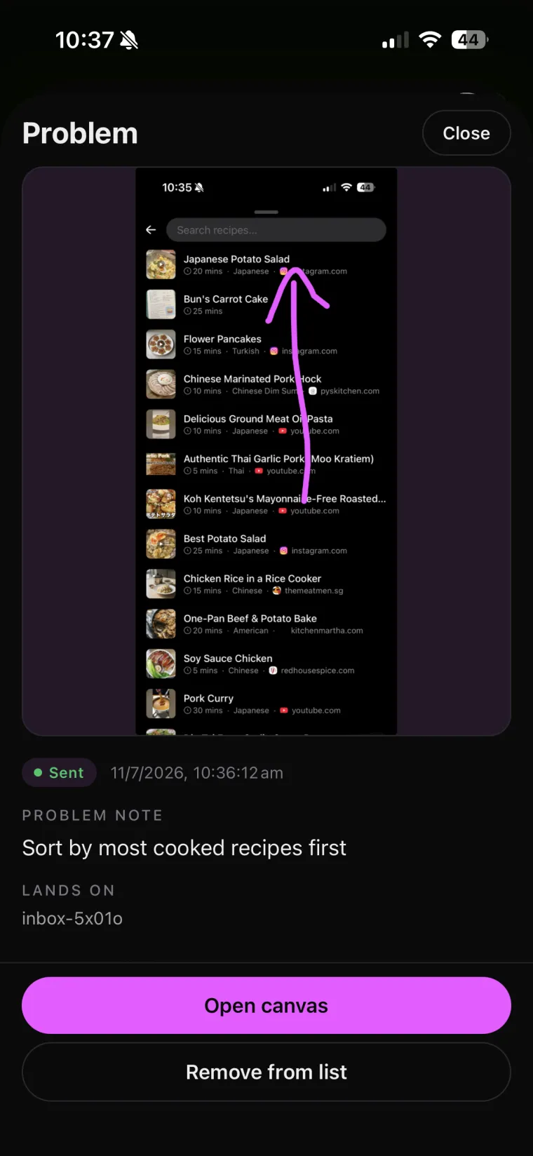 Recipes search list in Drafty — a long arrow up the list, with the note: sort by most cooked recipes first.